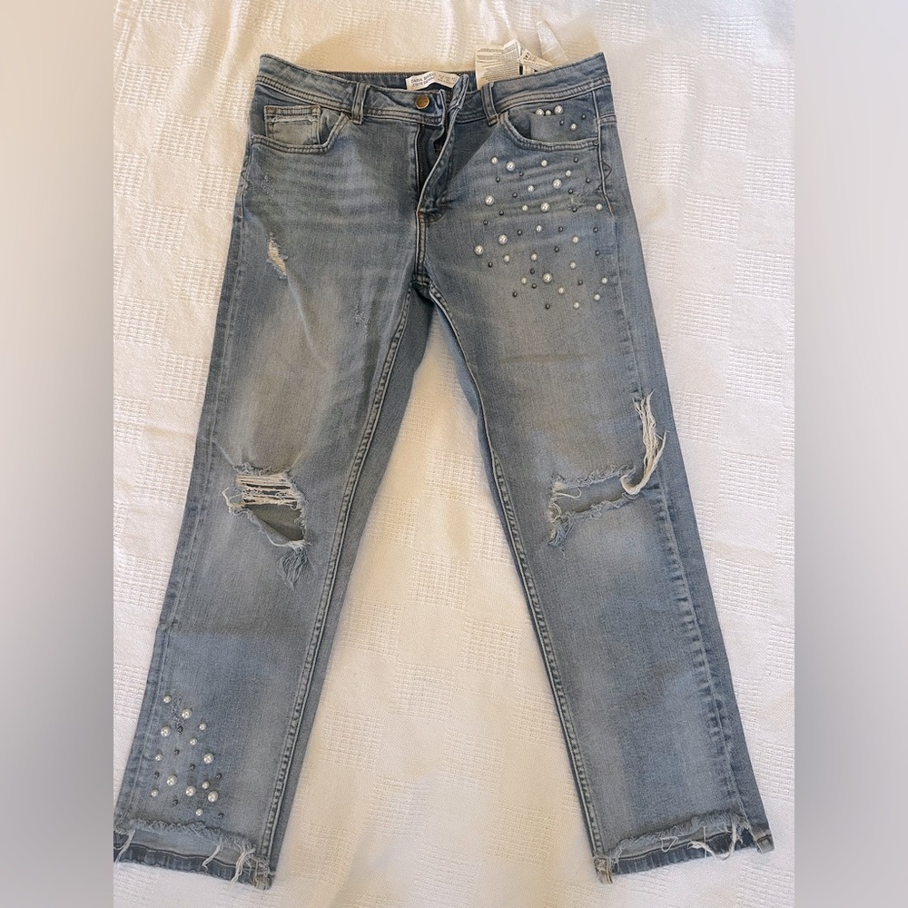 Zara Basic Denim Blue Jeans with Pearls